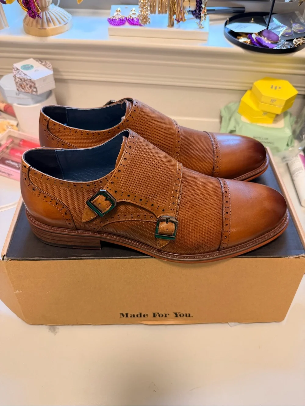 Men's Tan Double Monk Strap Oxfords with Perforated Leather